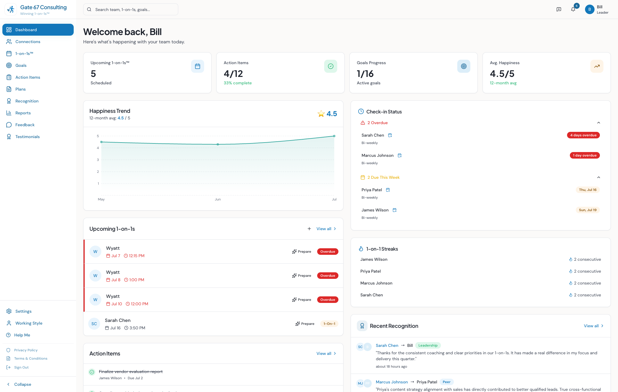Winning 1-on-1s app showing conversation prompts, goals tracking, and satisfaction score